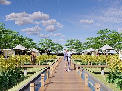 现代乡村公园景观 油菜花菜地 花海农田景观 露营公园 木栈道 观景木平台