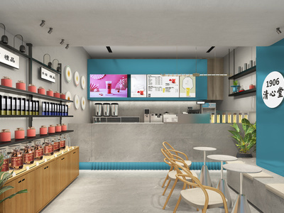 现代奶茶店 饮品店 备餐区 单层 收银