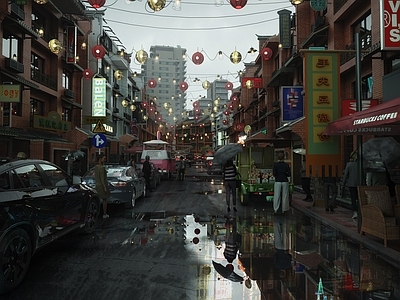 现代商业街 雨天商业步行街 商业广场