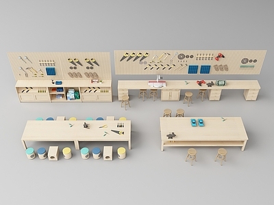 现代儿童桌椅 手工室桌椅 五金工具架 儿童手工机械工具