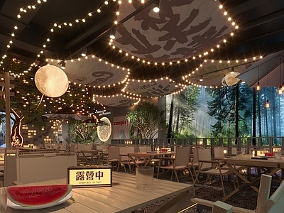 现代露营风烤肉店 木质桌椅 吊灯 绿植