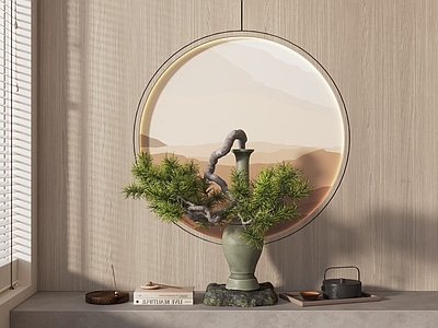 新中式盆景 植物摆件 小品 花艺 石头 书籍 背景墙