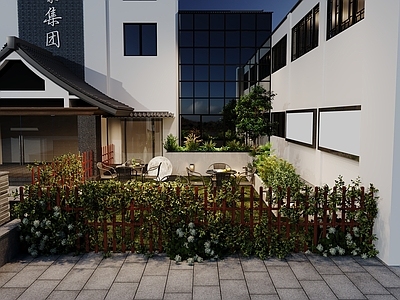 现代户外庭院 花园 池 桌椅 平视 居家