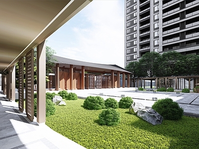 新中式售楼处建筑 风雨连廊 庭院 山地建筑 方形