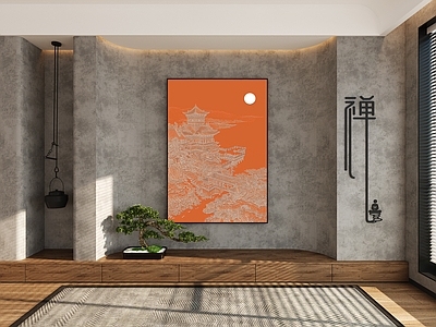 新中式装饰画 橙色挂画 风景 禅意 爱马仕橙 建筑