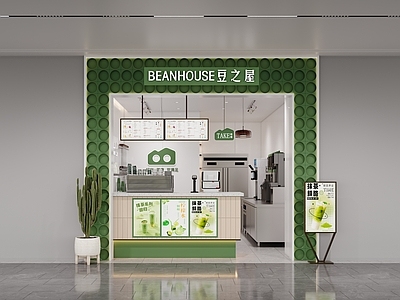 现代奶茶店 头 备餐区 单层 收银