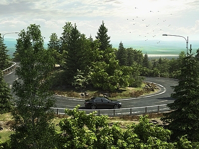 现代森林盘山公路 汽车 树林 俯视鸟瞰景观