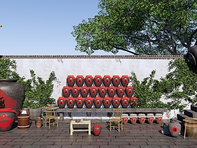 中式酒文化乡村庭院 酒馆小院 酒坊酿酒 酒坛酒罐 酒元素景墙围墙 酒旗帜