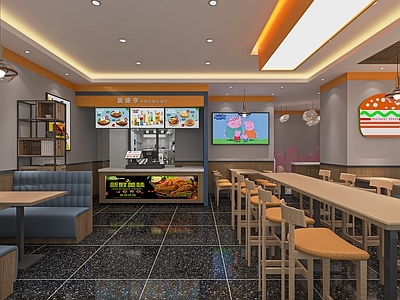 现代西餐厅 快餐店 炸鸡店 餐桌椅组合 卡座 小吃店 小餐饮 收银台