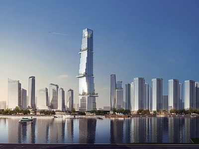 现代鸟瞰图规划 江边核心区 生态建筑 垂直绿化平台