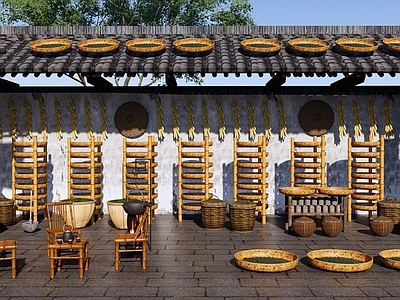 中式茶文化乡村庭院 秋收晒场 晒茶 茶叶 手工制茶 竹编簸箕 围炉煮茶