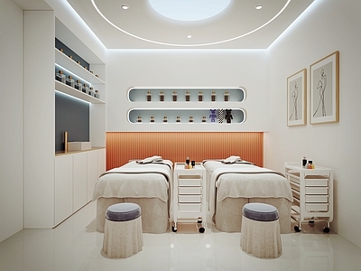 现代美容SPA店 美容间 美容床 壁柜 kaws 装饰挂画 医用推车 包间 美容院包间