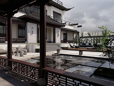 中式四合院 带水景花园