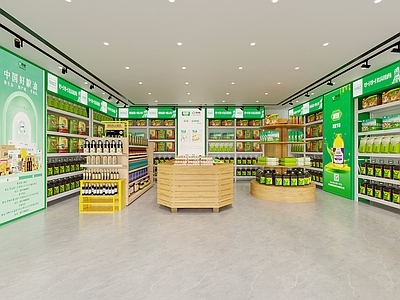 现代粮油店 展柜 货架 农产品店 堆头 农具