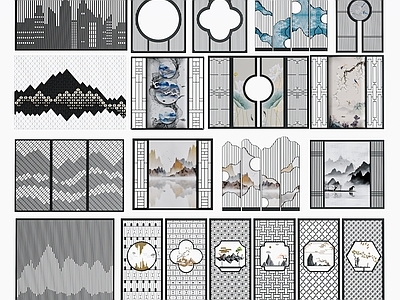 新中式隔断组合 艺术 金属 雕花 山水画 镂空 花格 木质 金属隔断