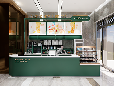 现代奶茶店 收银吧台 收银机 面包柜 奶茶设备搭配