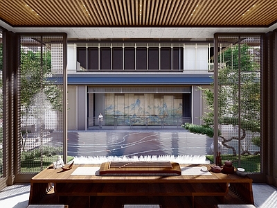 新中式庭院售楼处建筑 方形