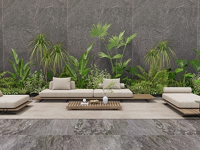 Minotti现代户外沙发 庭院休闲沙发 花草 灌木 植物堆