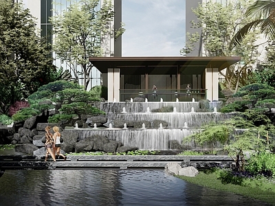 新中式小区景观 地产 廊架 水景 住宅