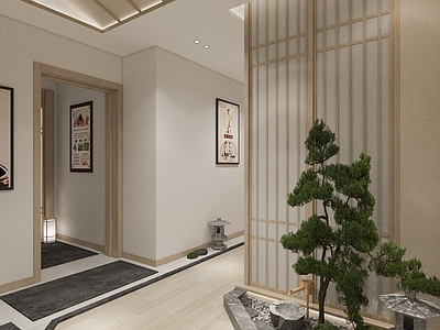 日式美容院过道 装饰画 地灯 石板 白石子