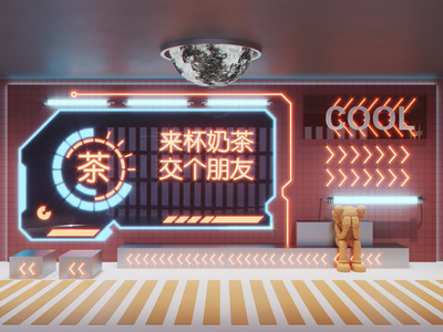 现代奶茶店休息区 美陈 霓虹灯背景墙 橱美陈 亚克力灯箱 网红打卡墙 卡座 霓虹灯墙 单层