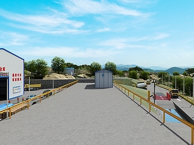 现代建筑工地 洗车槽 洗车台 地磅 仓库 路灯 山地 公路 拖挂车