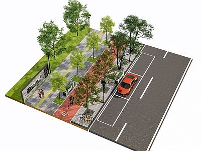 现代人行道断面 街景 道 行道树 乔木 树 市政