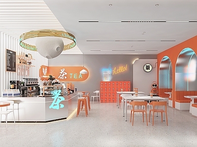 现代奶茶店  备餐区 单层 收银前台 休息区