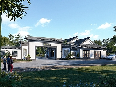 中式园林景观入口大门 照壁 景墙 园林门洞
