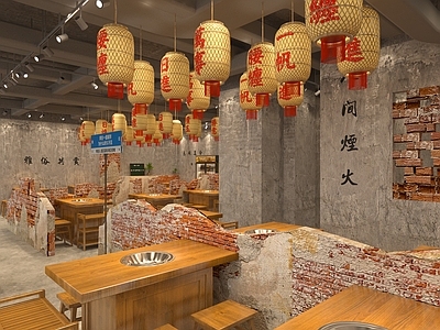 工业风螺蛳粉火锅店 灯笼 水泥墙 红砖隔断 火锅桌椅  墙砖