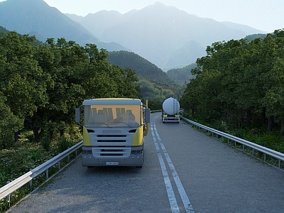 现代高速公路 货车 油罐车 远山 路面
