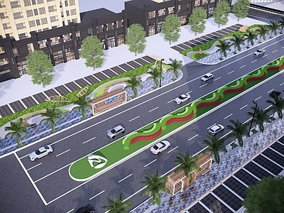 现代热带市政道路 斑马线箭头 廊架 公交车站台 自行车停车位 街心公园