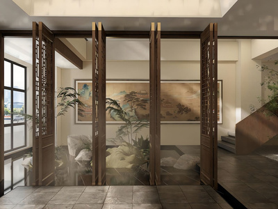 新中式茶馆大厅 室内景观小品