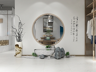 新中式服装鞋店 墙 干支花瓶 石头 池 茶桌