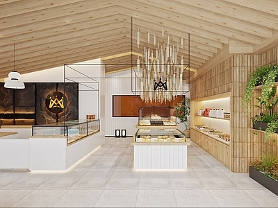 现代创意蛋糕店 前台 大厅 蛋糕店蛋糕柜 糕点吧台操作台 蛋糕面包绿植摆件区
