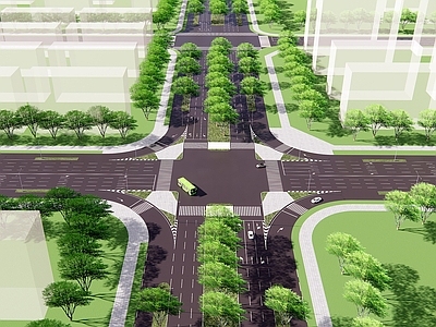 现代十字路口 车道指示划线 城市道路规划 大转盘 市政道 车道分流