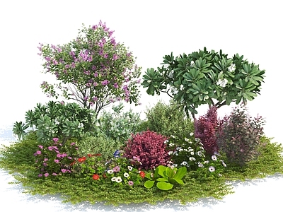 花草组合 植物堆 草地 灌木 小树 绿植 花卉 花池 开花树 桃花树