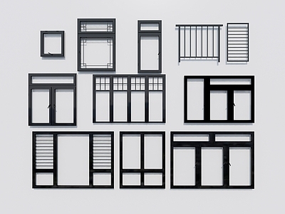 现代窗户组合 单开窗 双开窗 三开窗 金属窗 平开窗 推拉窗 栏杆 卫生间窗户
