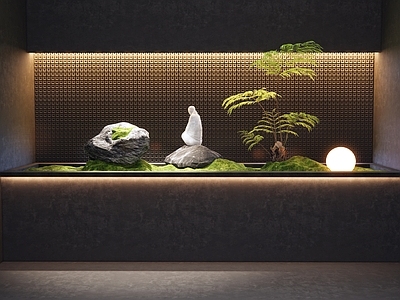 新中式景观造景 石头 禅意小景 蕨类植物 室内造景