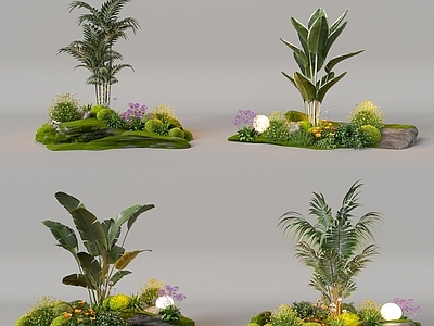 现代植物堆 组团小景模型 现代植物堆 小景 草坪组团花草 植物组合