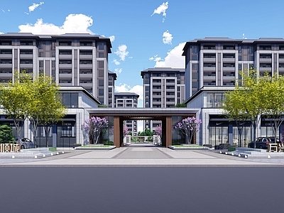 新中式小区入口中轴景观 住宅