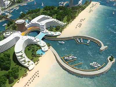 现代酒店建筑 海洋酒店 异形 热带滨水