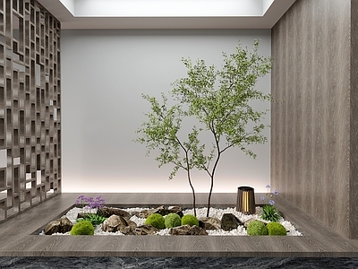现代室内组团小景模型 现代植物堆 球形灌木 苔藓球 带花灌木植物组合