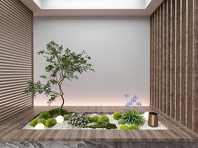 现代室内组团小景模型 现代植物堆 球形灌木 苔藓球 带花灌木植物组合
