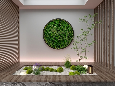 现代室内组团小景模型 现代植物堆 球形灌木 苔藓球 带花灌木植物组合