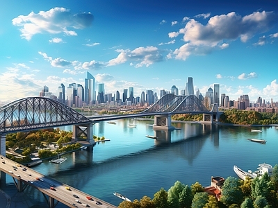 现代城市河流外景高清贴图
