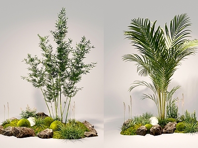 现代室内组团小景模型 现代植物堆 球形灌木 苔藓球 带花灌木植物组合