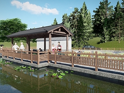 现代廊架 滨水 栈道 凉亭 木材 长条形