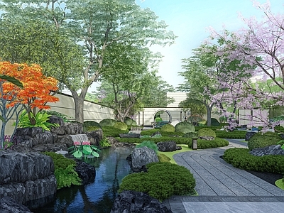 新中式小区景观 假山叠水   住宅景观