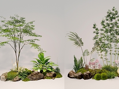 现代室内组团小景模型 现代植物堆 球形灌木 苔藓球 带花灌木植物组合